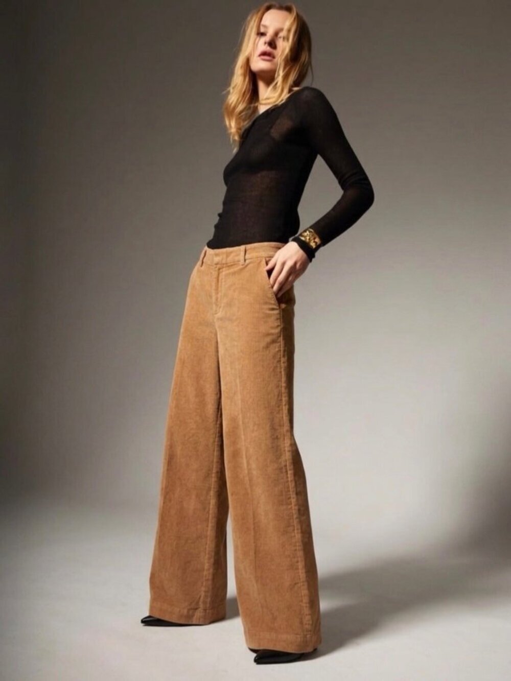 High Rise Wide Leg Corduroy Pants Camel Womens Sz M Old Money Heritage